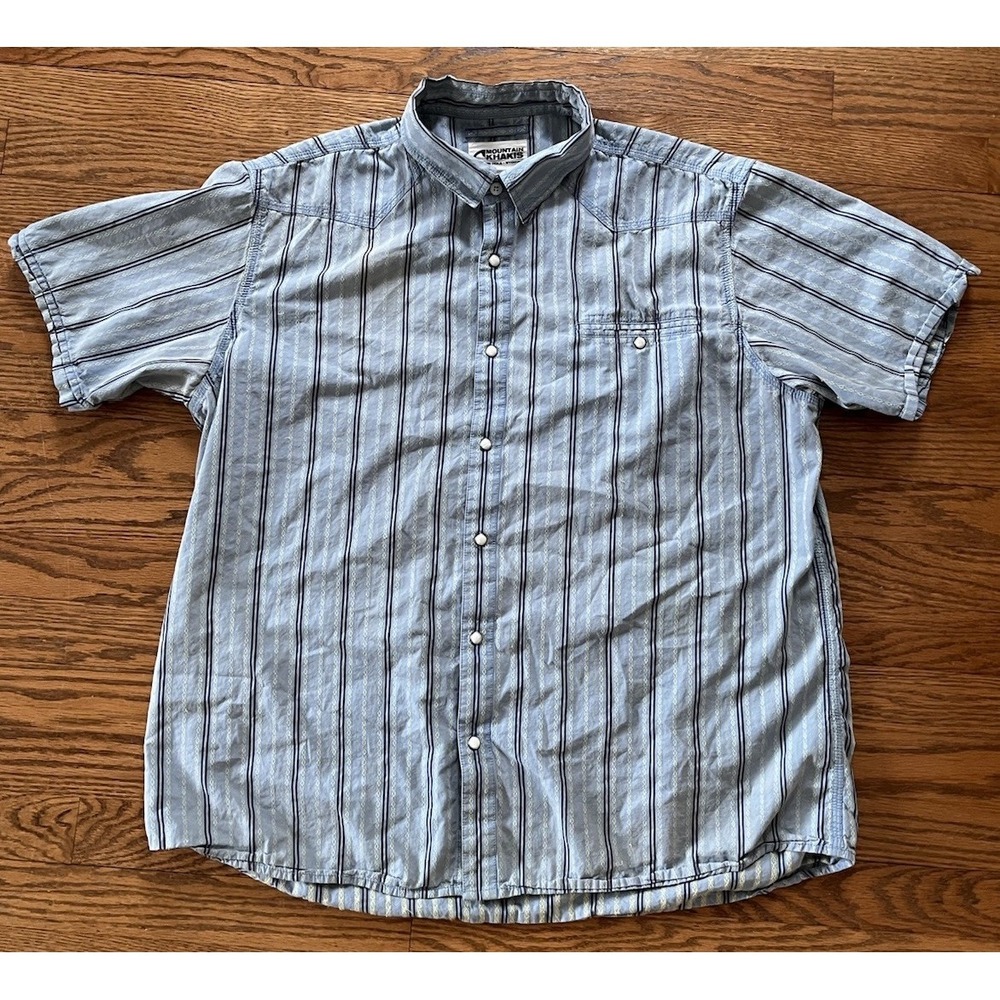 Mountain Khakis Shirt Men's XL Blue Striped Pearl Snap Short Sleeve Southwestern